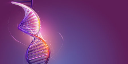 DNA double helix structure on a purple background.の写真素材
