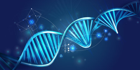Glowing DNA spiral and HUD elements on a dark blue background.の写真素材