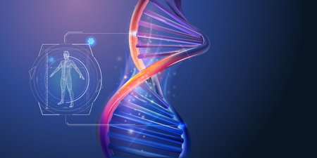 DNA spiral with abstract infographics about human health research.の写真素材