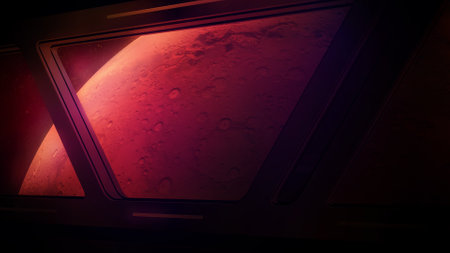 Mars in the windows of an approaching spacecraft.の写真素材