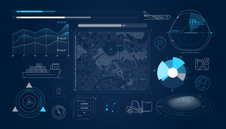 Set of infographic elements about geolocation and cargo transportation.