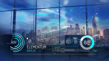 Virtual infographics of cryptocurrencies on office background.の写真素材