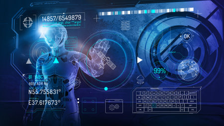 Satellite data infographic on sci-fi space background.