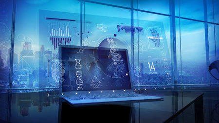 Virtual interface with infographics on the theme of medical research.の写真素材