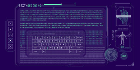 Data entry and text decoding on futuristic interface screen.のイラスト素材