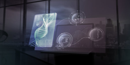 Vertical model of a human DNA spiral on a dark background, 3D rendering.の写真素材