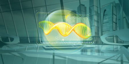 Glowing golden DNA strands on a dark background, 3D rendering.