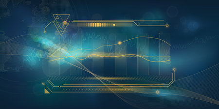 Infographics on a business theme with golden elements on a blue background.のイラスト素材