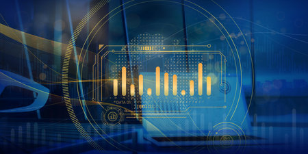 Abstract infographic with a map and a night office background with a glowing golden financial graph.