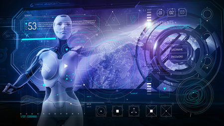 Artificial intelligence works with futuristic touch screen.
