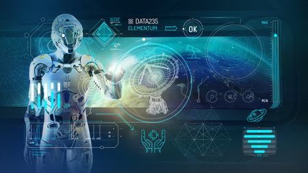 A virtual infographic depicting drone control in a sci-fi space setting.