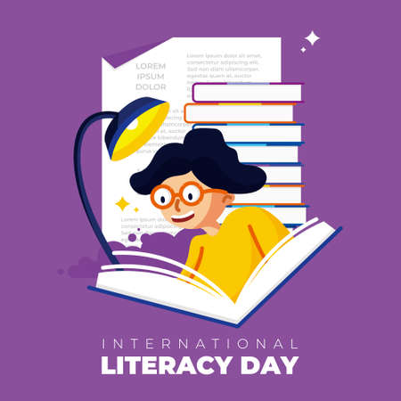 International Literacy Day vector, student reading the book. This design can be used for posters, banners, backgrounds, social mediaのイラスト素材