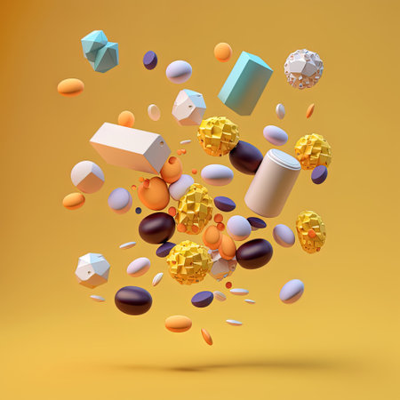 Abstract 32-bit graphic resource, three-dimensional shapes, medicine pills and capsules on a yellow background. AI generatedの素材