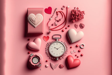 Romantic flat lay illustration to celebrate Valentine's Day. AI generated contentの素材