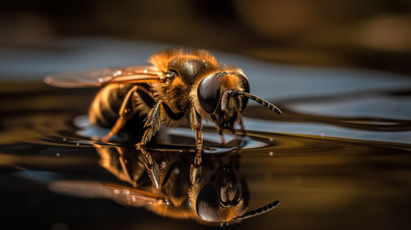 Honey bee on water, close up macro. AI generatedの素材