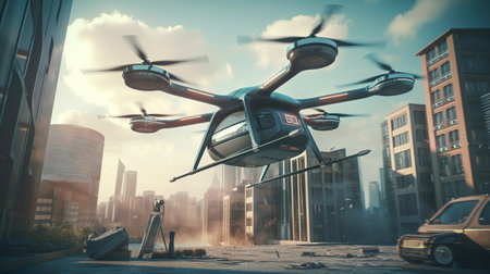 High-tech flying drone couriers delivering deliveries in the bright future. AI generatedの素材