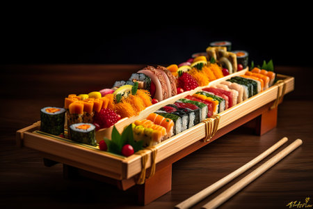 Various types of traditional Japanese sushi elegantly arranged on a wooden sushi boat. AI generatedの素材