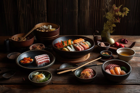 Various types of traditional Japanese sushi elegantly arranged on a wooden surface. AI generatedの素材