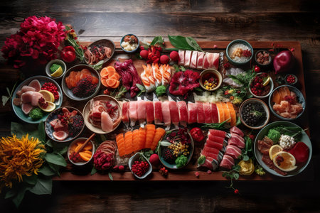 Various types of traditional Japanese sushi elegantly arranged on a wooden surface. Studio flat lay, copy space. AI generatedの素材