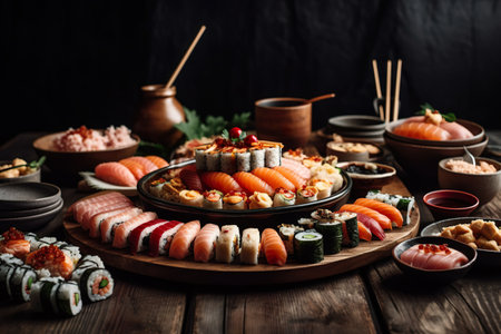 Various types of traditional Japanese sushi elegantly arranged on a wooden surface. AI generatedの素材