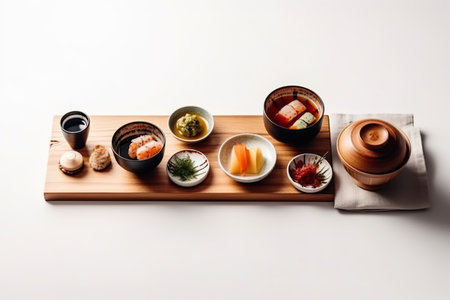 Various types of traditional Japanese sushi elegantly arranged on a white surface. Studio food photography. AI generatedの素材