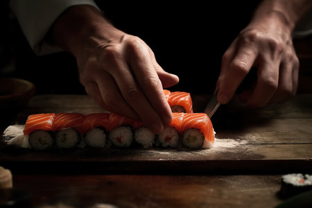 Professional Japanese sushi chef prepares the perfect traditional sushi following the ancient methods. The art of sushi making. AI generatedの素材