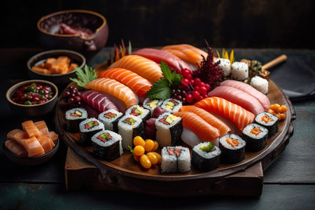 Various types of traditional Japanese sushi elegantly arranged on a wooden surface. AI generatedの素材
