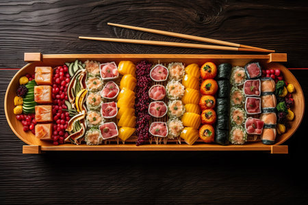 Various types of traditional Japanese sushi elegantly arranged on a wooden sushi boat. Flat lay, copy space. AI generatedの素材