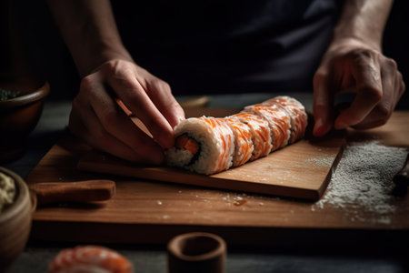 Professional Japanese sushi chef prepares the perfect traditional sushi following the ancient methods. The art of sushi making. AI generatedの素材