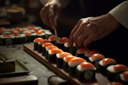 Professional Japanese sushi chef prepares the perfect traditional sushi following the ancient methods. The art of sushi making. AI generatedの素材