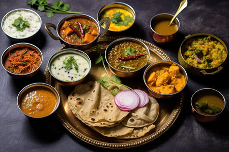 Group of Assorted Indian dishes including Roti, Palak Paneer, Dal Makhani, Palak Paneer, Aloo Rotiの素材