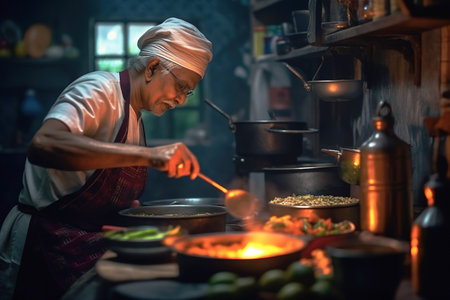 Senior Indian man cooking in kitchen at home. Portrait of senior male chef cooking food at restaurant. The art of Indian cuisine. AI generatedの素材