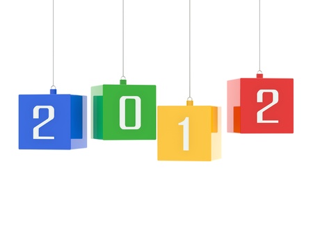 2012 - 4 colored cubes hanging in backgroundの写真素材