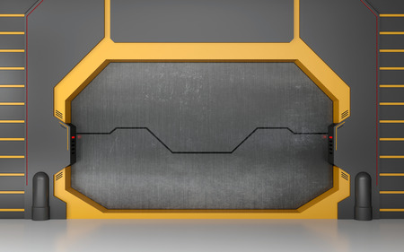 Futuristic metallic door or gate on yellow wall