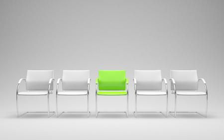 One different green chair in 3D render of modern waiting roomの写真素材