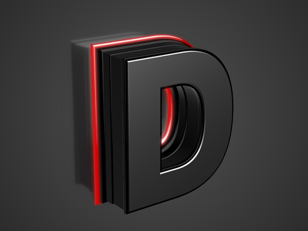 Futuristic uppercase Letter D - black glossy extruded letter with red neon light outlineの写真素材