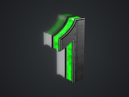 Futuristic number 1 - black metallic extruded number with green light outline glowing in the darkの写真素材