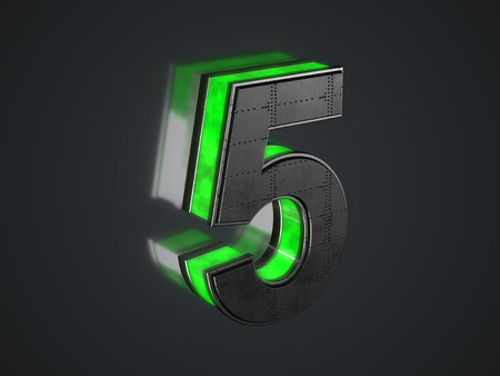 Futuristic number 5 - black metallic extruded number with green light outline glowing in the darkの写真素材