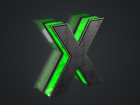 Futuristic letter X - black metallic extruded letter with green light outline glowing in the darkの写真素材