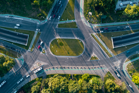 Aerial view of intersection with nice shadows at sunset taken by o professional drone