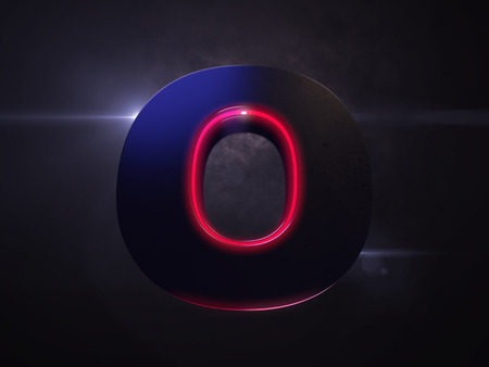 Letter O black extruded symbol with red light outline glowing in the dark and nice lens flare and smoke in backgroundの写真素材