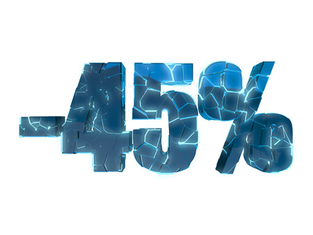 45 percent off - broken text into several pieces glowing blue on white backgroundの写真素材