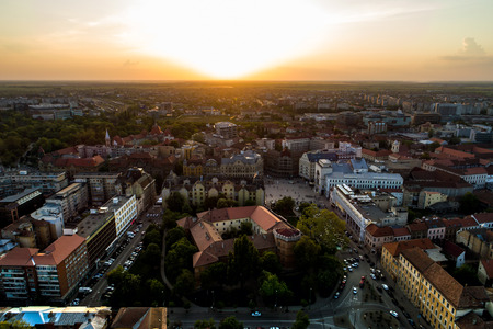 Sunset light over european city seen by a drone. Timisoara, Romaniaの写真素材