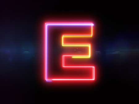 Letter E - colorful glowing outline alphabet symbol on blue lens flare dark backgroundの写真素材