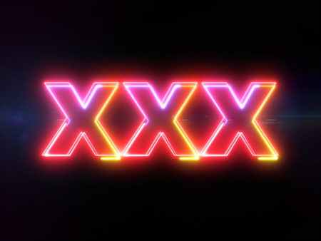XXX - colorful glowing outline text on blue lens flare dark backgroundの写真素材
