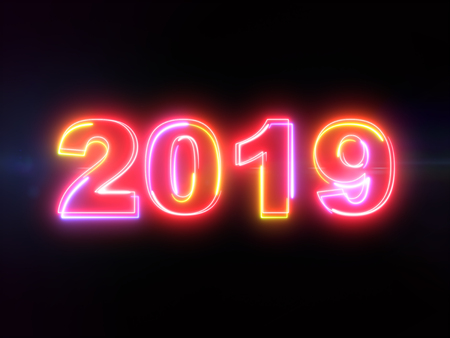 2019 new year - colorful glowing outline numbers on blue lens flare dark background