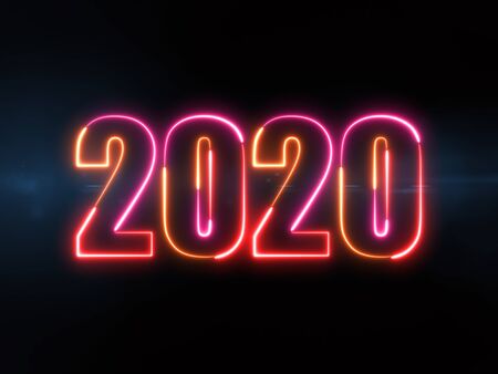 2020 new year - colorful glowing outline numbers on blue lens flare dark backgroundの写真素材