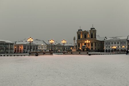 Winter seazon with snow in Union Square, Timisoara, Romaniaの写真素材