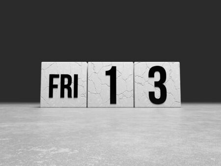 Friday 13 text on cracked concrete calendar cubes 3D render