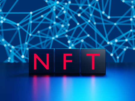 NFT - non fungible token crypto arts concept on metallic cubes and futuristic background with...